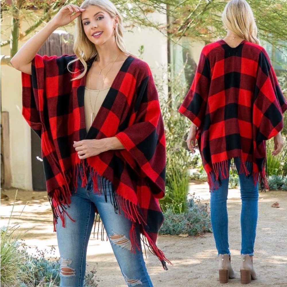 Beautiful Buffalo plaid print front fringe drape over fall winter kimono